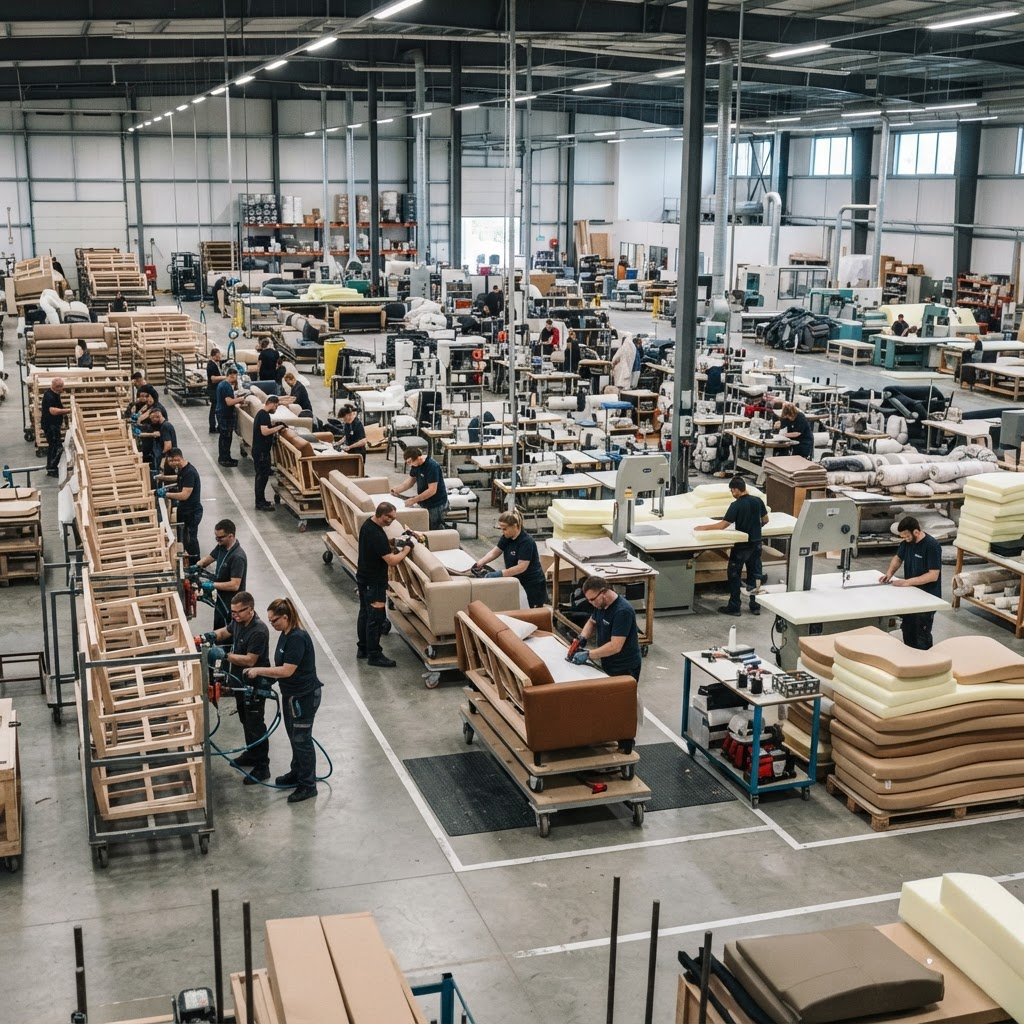 Bospax Zarske factory floor with workers assembling sofa frames