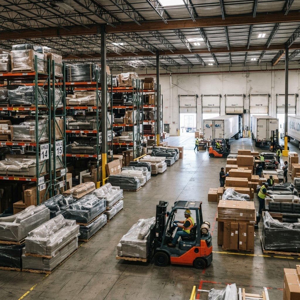 Bospax Zarske finished-goods warehouse with packaged sofas ready for shipment