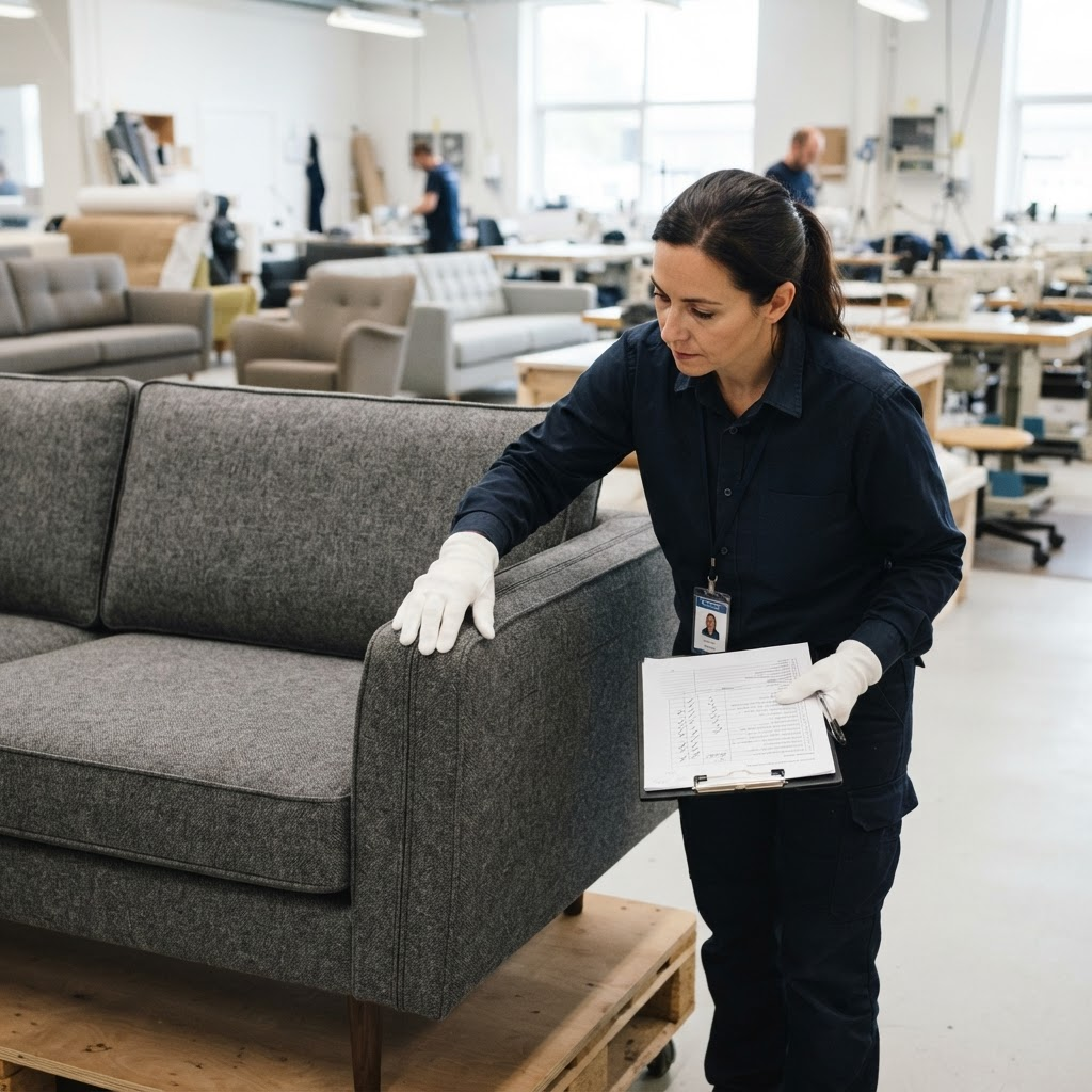 Quality control inspector reviewing sofa upholstery stitching at Bospax Zarske